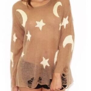 Wildfox wool moon stars astrology distressed ripped sweater grunge sheer